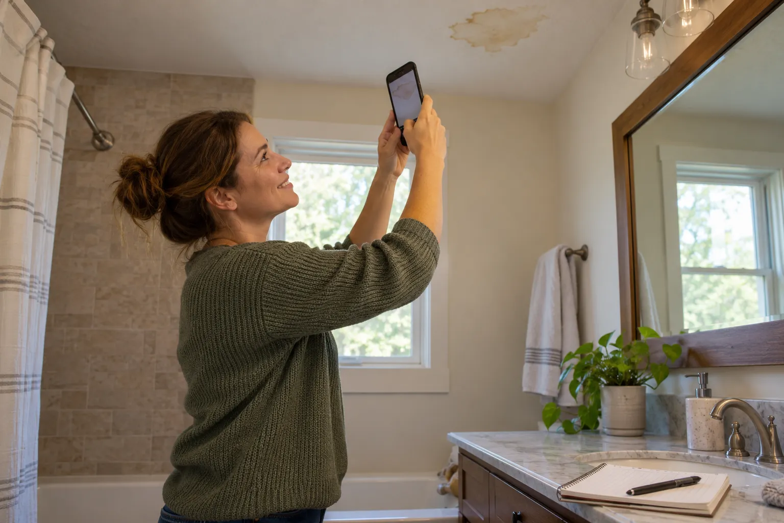 Homeowner taking photos of a damp wall to prepare for a mold estimate